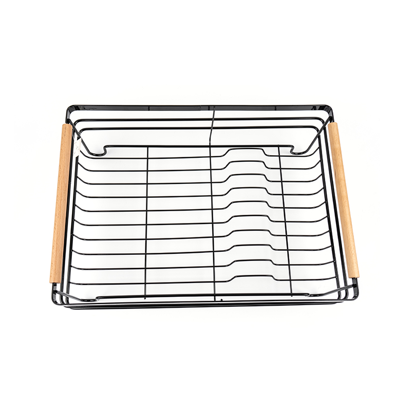 কাঠের হাতল দিয়ে মেটাল ডিশ শুকানোর রাক