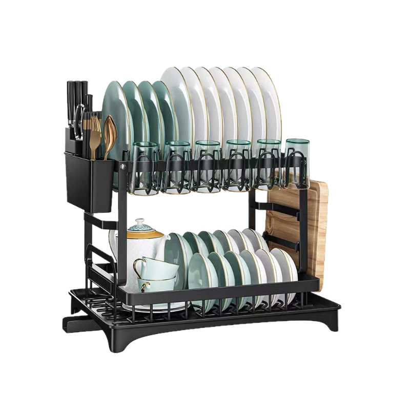 2-টিয়ার স্টেইনলেস স্টীল ডিশ ড্রাইংবোর্ডের সাথে ড্রাইং র্যাক